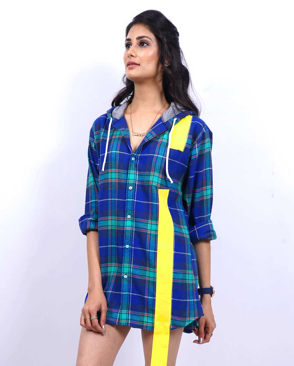 Checkered Shirt dress with Hoodie