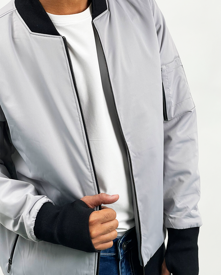 Grey Bomber Jacket With Contrast