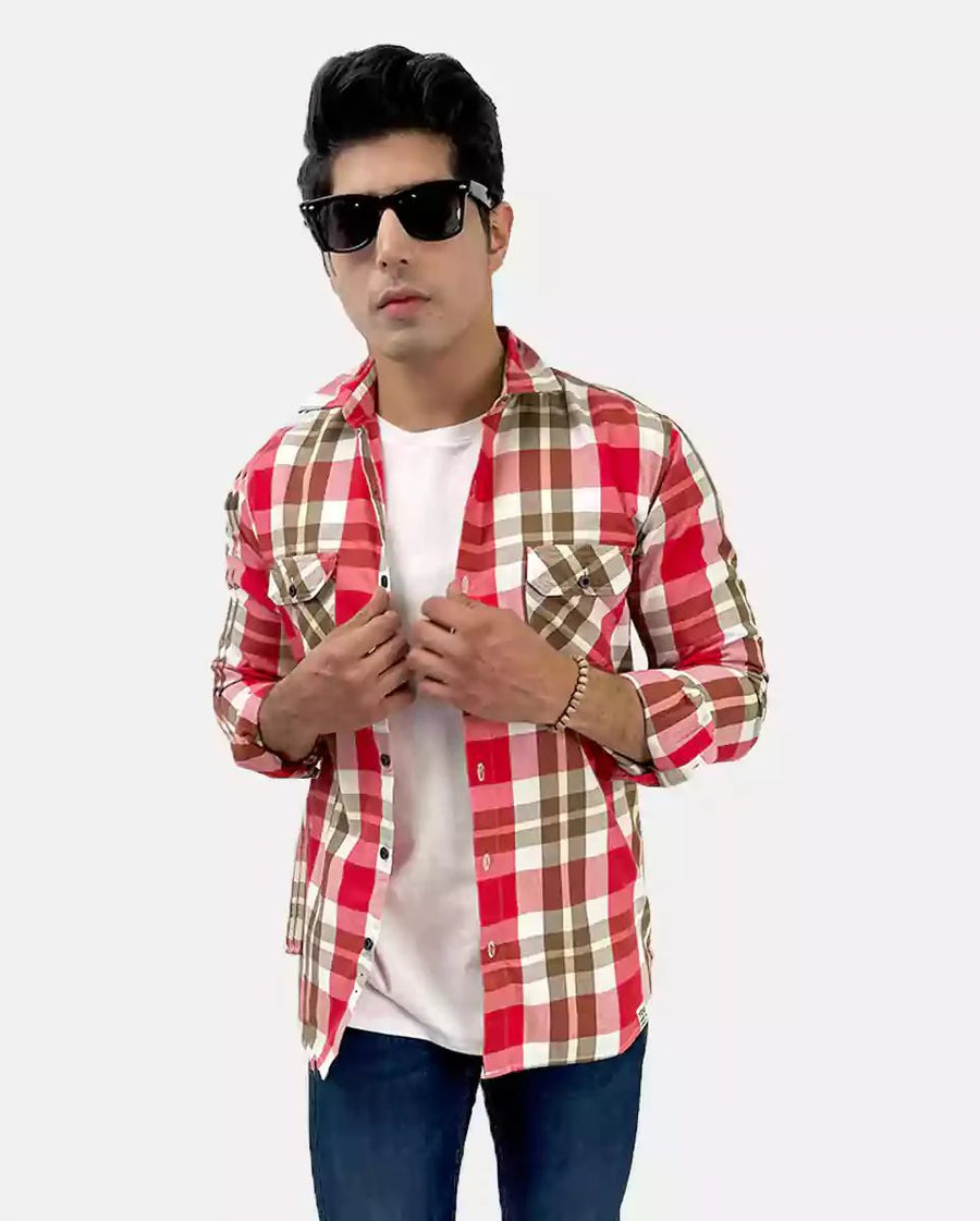 Casual Brown and Red Check Shirt