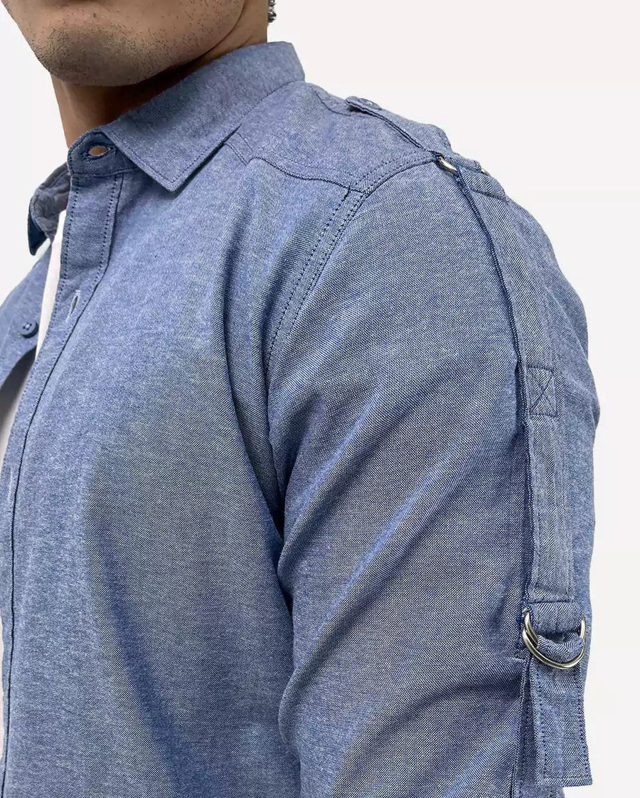 Solid Blue Belt Sleeve Shirt