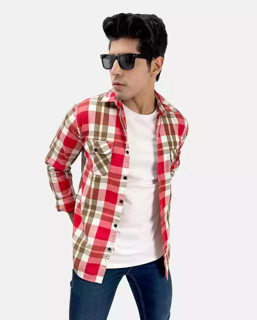 Casual Brown and Red Check Shirt
