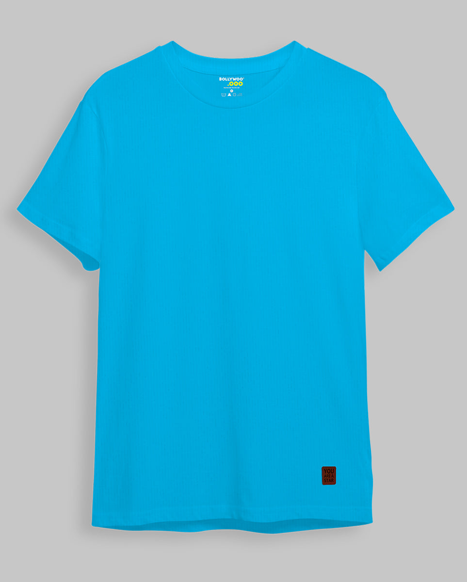 Solid Round Neck Azure Blue T-Shirt